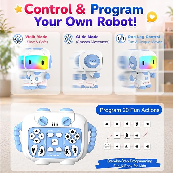 Robot Toys for Kids Ages 3-6, Mini Backpack Remote Control Robot with Voice Recording & Repeat, LED Light-Up Face, Music Dance, Programmable Actions, STEM Toy Gifts for Boys Girls