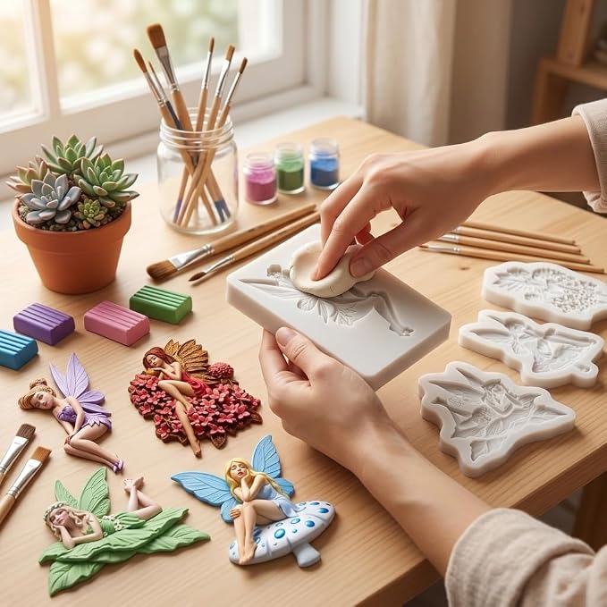 Flower Fairy Silicone Molds Butterfly Fairy Angel Polymer Clay Mold for DIY Craft Epoxy Resin Casting Air Dry Polymer Clay Jewelry Making Crafts Tools Set of 4
