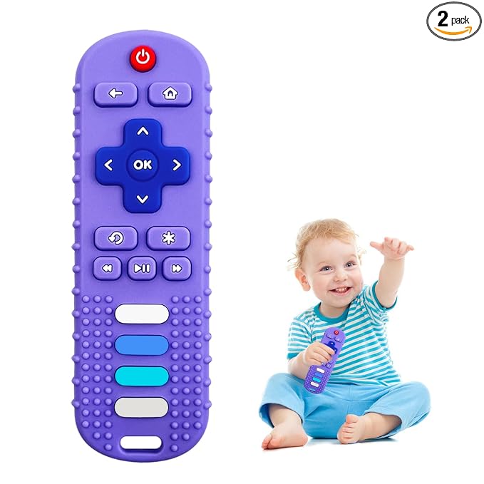 Silicone Teething Toys for Babies, Remote Control Shape Silicone Teethers, Cute Chew Toys for Boys and Girls,BPA Free Teether Early Educational Sensory Toy Purple