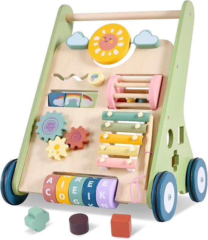 Baby Push Walker, Wooden Baby Walker with Wheels, Montessori Walker for Babies 12 Months, Adjustable Speed Push Walking Toys for Boys & Girls 1 Year Old, Christmas Birthday Gifts for Toddler