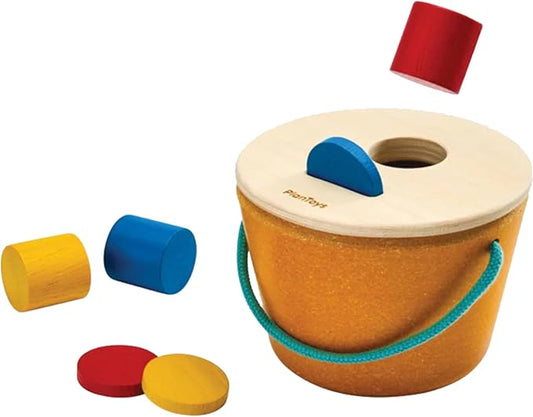PlanToys® Drop & Fit Bucket | Wooden Shape Matching Toy for Babies 5M+ | Montessori Educational Sorting Toy with 6 Blocks | Develops Hand-Eye Coordination, Shape Sorter & Problem-Solving Skills
