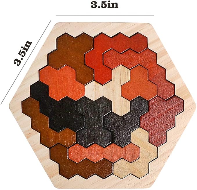 Wooden Hexagon Puzzle for Kids & Adults, Montessori STEM Educational Toy with Colorful Shapes, Logic IQ Brain Teaser Game for Kids, Geometry Tangram Gift