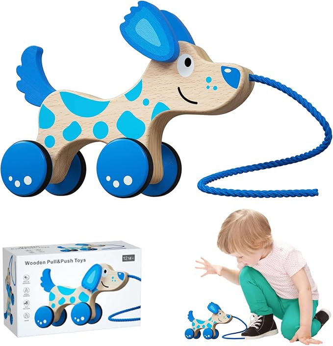 Wooden Pull Dog Toy Wooden Walk Pull Along Toy with String Toy Montessori Toddler Pull Toys for Walking Toddlers