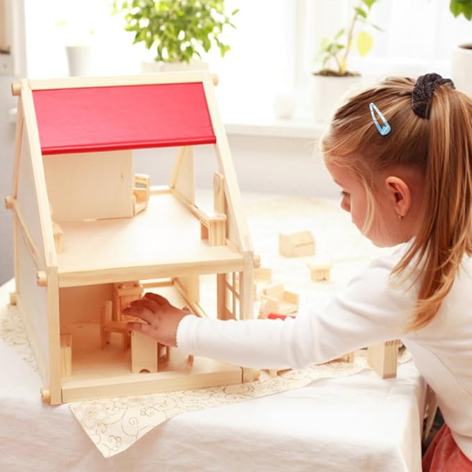 HEY! PLAY! Dollhouse for Kids – Classic Pretend Play 2 Story Wood Playset with Furniture Accessories and Dolls for Toddlers, Boys and Girls