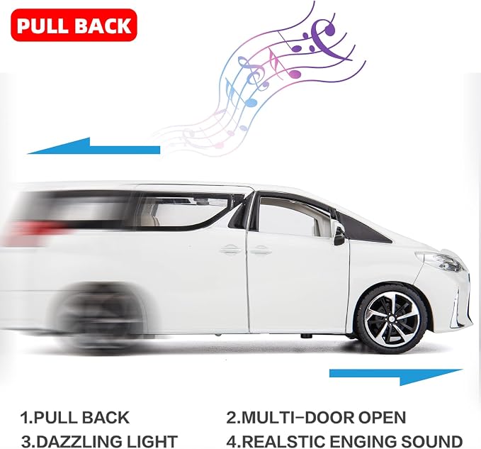 WAKAKAC Alloy Diecast Model Car 1/24 LM300 MPV Pull Back Collectible Toy Car with Light and Sound Toy Vehicle for Kids Children Gift (White)