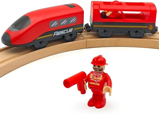 Battery Operated Police Train for Wooden Train Tracks with Figures Kids Magnetic Wooden Trains Set for Toddlers Boys 3-5 4-8 (Without Battery and Tracks) (red)