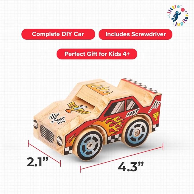 Little Jupiter DIY Wooden Kits w/Stickers - Building Kit - Stem Building Toys - Wood Crafts - Woodworking Kit - Wood Building for Ages 4-7 Yrs (Race Car)