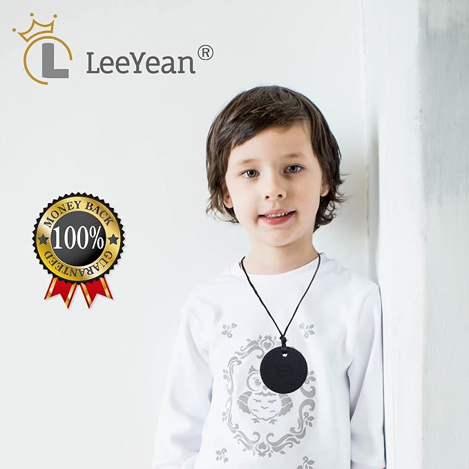 Chew Necklaces for Sensory Kids, Silicone Chewable Pendant for Autism, Chewing, ADHD, SPD, Sensory Oral Motor Aids for Boys and Girls, Chewy Toy for Adults (Black)