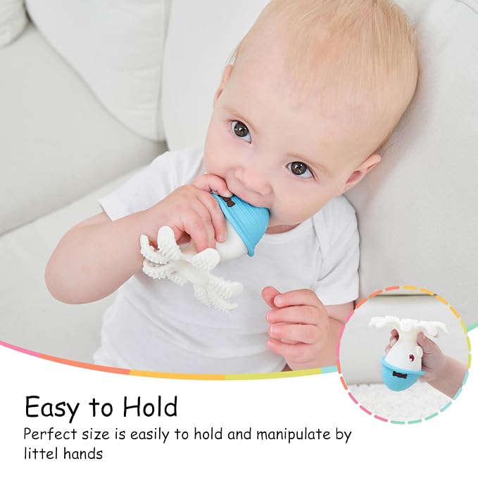 Teething Toys 3-6 Months, Mombella Octopus Teethers for Babies 6-12 Months, Soft Silicone Baby Teething Toys 12-18 Month Old, Baby Chew Toys, Squeaky Infant Teether Toys, Easy to Hold, Blue