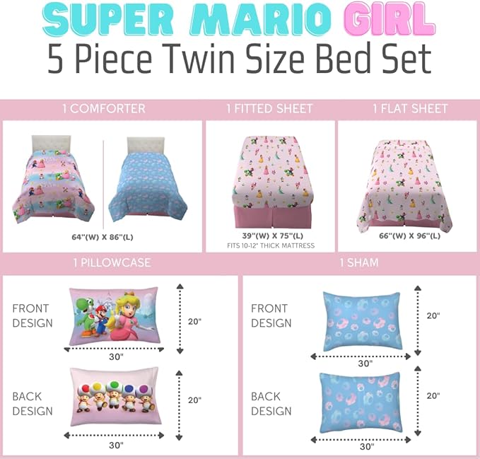 Super Mario Girl Princess Peach Girl Gamer Kids Bedding Super Soft & Cozy Reversible Microfiber Comforter and Sheet Set with Sham, 5 Piece Twin Size, (Officially Licensed Product) By Franco