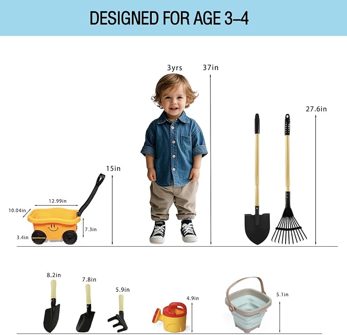 Todders Wheelbarrow Gardening Set, Kids Rake and Shovel Set for Dirt Digging, Garden Tools Equipment for Yard Outdoor Sandbox Summer Beach Toys Gifts for Ages 2-5 Years