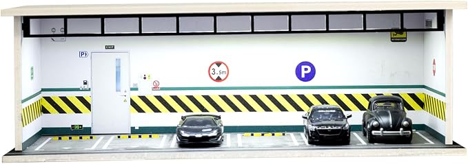 1/64 Scale Display Case Car Garage Moldel, Acrylic Cover Diecast Car Show Case with LED Light 6 Parking Spaces, Hot diecast Wheel Parking Scene (Vehicles Not Included) Underground Parking Lot