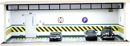 1/64 Scale Display Case Car Garage Moldel, Acrylic Cover Diecast Car Show Case with LED Light 6 Parking Spaces, Hot diecast Wheel Parking Scene (Vehicles Not Included) Underground Parking Lot