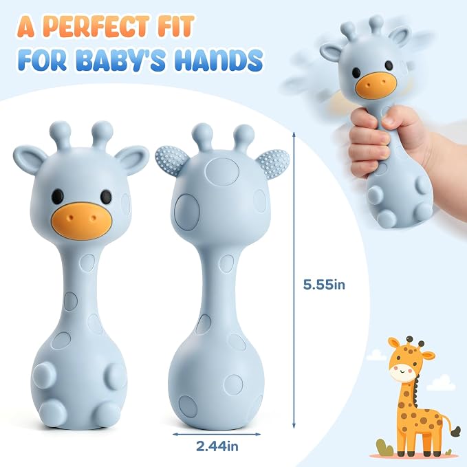 Baby Teething with Rattle Toys 3-6 6-12 Months, BPA Free Silicone Baby Teether, Infant Chew Toys for Teething Relief, Baby Gifts for Newborn Boys Girls, Easy-Grip, Blue