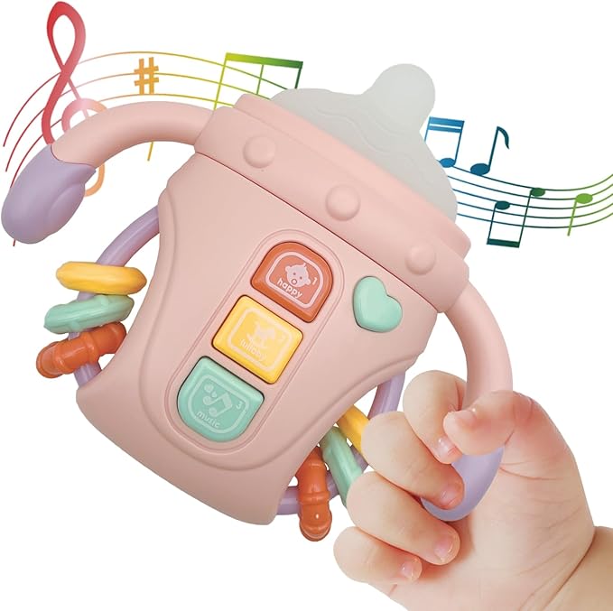 Baby Musical Toys,Sensory Learning Toy with Music and Lights,Pacifier Teething Musical Toys,Rattle Toy for Toddlers,Boys and Girls Gifts(A-Pink)