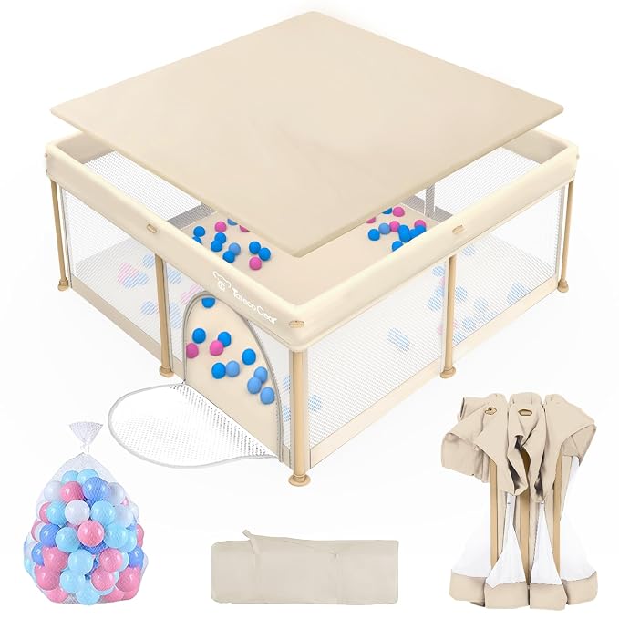 Foldable Baby Playpen for Babies and Toddlers, 50x50 Inch Portable Play Yard, Collapsible Play Pen with Mat, Visible Mesh, 50 Ocean Balls, Indoor/Outdoor Baby Fence Activity Center for Home