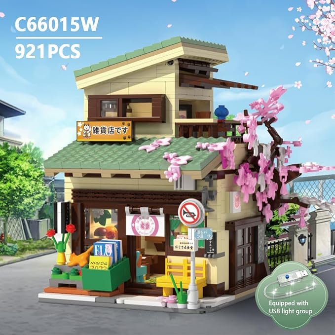 Japanese Cat's Grocery Shop Building Block Set, MOC Modular Street View Series House with 1 Figure & LED Light, Model House Idea Gift for Teens and Adults(921 pcs)