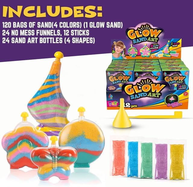 Create Your Own Magic Sand Art Glitter Activity | Glow in the Dark Colored Custom Sand Kits for Kids - Includes 12 Bottles, Funnels, Sticks, 60 Bags of Colorful Sand | DIY Arts and Crafts (24 Pack)