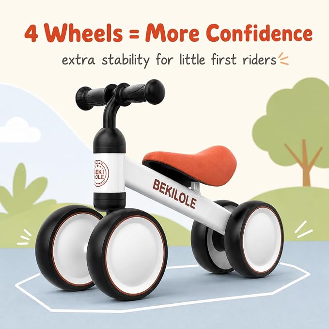 BEKILOLE Baby Balance Bike for 1 Year Old Boys Girls, 12-24 Month Toddler Balance Bike, No-Pedal 4 Silent Wheels, Ride-On Toys for 1 Year Old, 1st Birthday Boy Gifts, White Brown