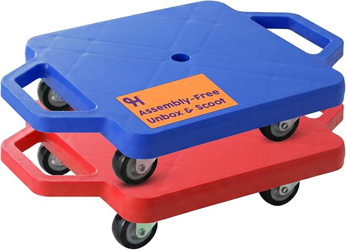 Hurtle Scooter Boards for Kids with Safety Handles, 2-Pack Heavy Duty Gym Floor Scooters with 360° Wheels for PE, Indoor Active & Sensory Play, Support 200 lbs, Includes Cones & Tow Strap, Blue & Red
