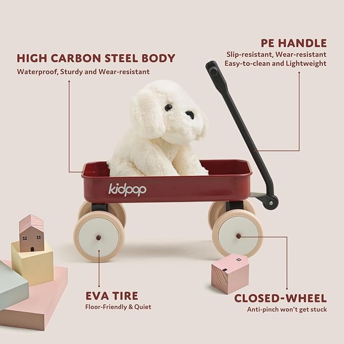 Kidpop Pula-Mini First Wagon for Toddlers, 4-Wheel Baby Pull Toy Cart for Kids Ages 1-3, Indoor & Outdoor Push Walker Toy, Ideal 1 Year Old Birthday Gifts (Red)