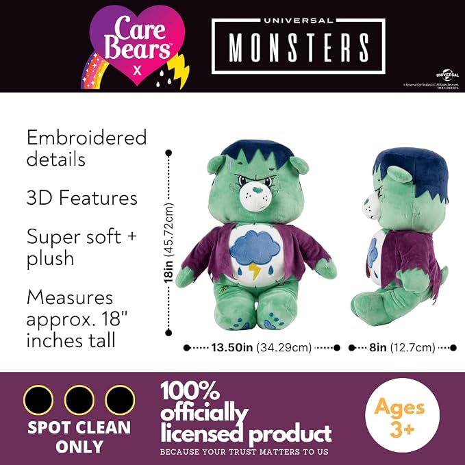 Care Bears x Universal Monsters Grumpy Bear Frankenstein Monsters Halloween Bedding Super Soft Cozy Decorative Cuddle Pillow, (Officially Licensed Product) By Franco Collectibles