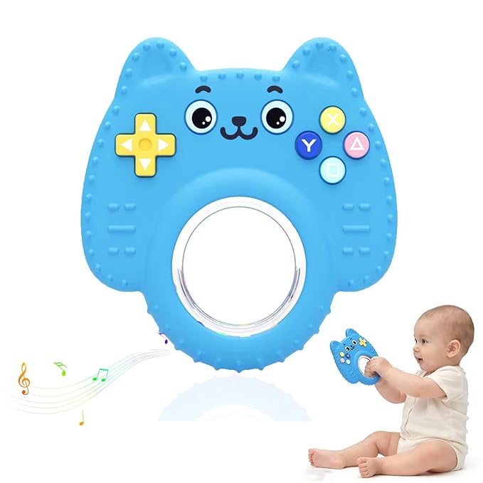 HAILI XMGQ Teething Toys for Baby, Sensory Baby Chew Toy, Rattle Ring Teether Toys for Babies 0-3-6-12 Months, Silicone TV Remote Control Shape for New Baby Gift (Blue)
