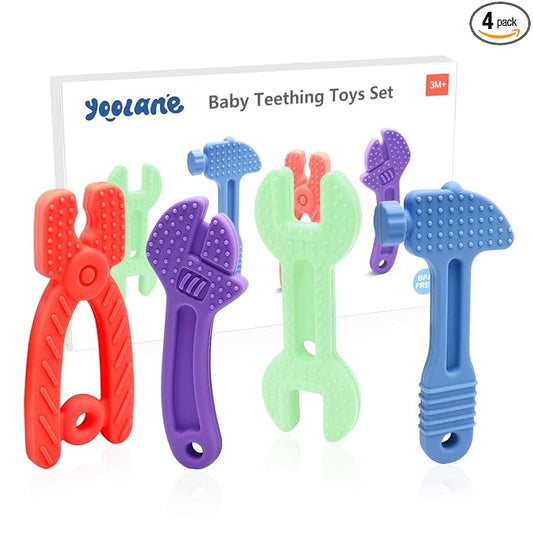 Yoolane Baby Teething Toys, Silicone Teether for Babies 3 6 12 18 Months, Tools Set Baby Teether Sensory Chew Toys for Toodler Infant, Newborn Stuff Essential Gift, BPA Free (4 Pieces)