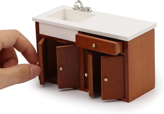 Dollhouse Furniture 1/12 Scale Miniature Sink Cabinet Wooden Bathroom Vanity Cabinet with Openable Drawer and Doors (Brown)