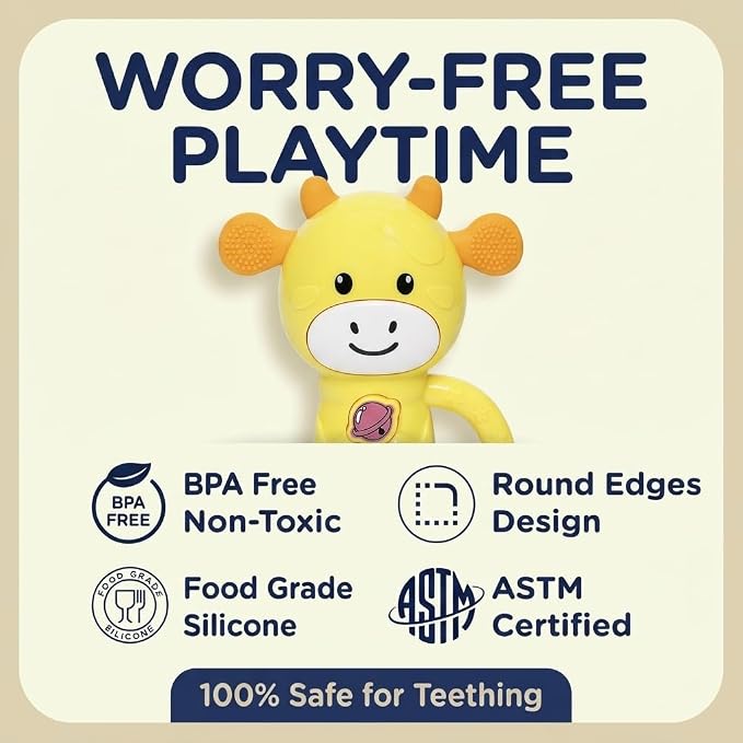 MooMoo Baby Musical Toy, 4‑in‑1 Light‑Up Sensory Toy & Teether for 3–24 Month Babies, BPA‑Free with Easy‑Grip Handle, Cute Cow‑Shaped Travel Toy for Car Seat & Stroller (Yellow)
