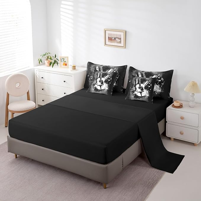 Feelyou Guitar Comforter Set with Sheets King Size Rock Music Bed in a Bag for Boys Girls Teens Carbon Black 7 Pieces Bedding Set Soft Lightweight Microfiber