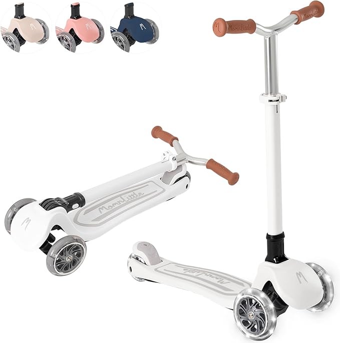 MomnLittle 3 Wheel Toddler Scooter for Kids Ages 3-10, Foldable Scooter with LED Light-Up Wheels, Lean-to-Steer Design, Mini Basket & 4 Adjustable Heights, Scooter for Boys and Girls