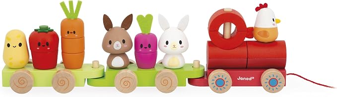 Janod - Wooden Pull-Along Train - Farm Theme - 3 Wagons and 19 Pieces - Early Learning Pull-Along Toy - Wood and Water-Based Paint - Develop Fine Motor Skills - from 12 Months, J03314