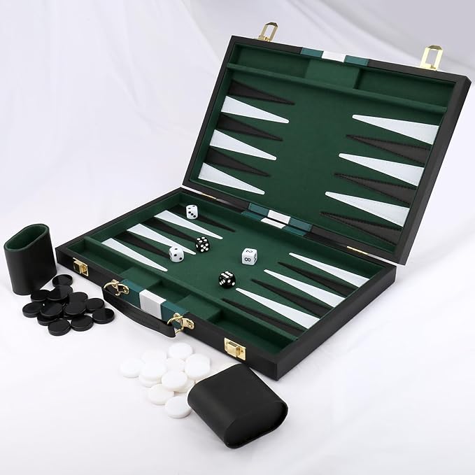 Backgammon Set - Classic Board Game with Premium PU Leather Case - Portable Travel Strategy Backgammon Game Set for Adults, Kids Family Game Night, Vacation & Gifts (15 inch Medium, Black)