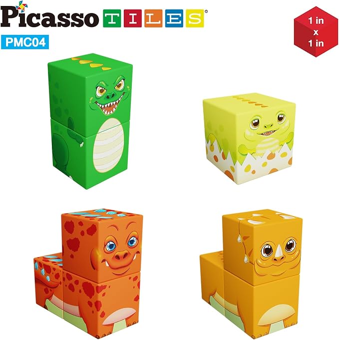 PicassoTiles Magnet Cube Prehistoric World Themed Mix and Match Building Block Construction Toy with 4 Magnetic Cubed Dinosaur Character Action Figures STEM Education Sensory Pretend Play Age 3+ PMC04