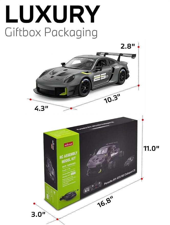 RASTAR Build Your Own RC Car Porsche 911 GT2 RS Clubsport 25 Kit, 99600 | Officially Licensed, Ideal Gift, 76PCs 1/18 RC Model Car Building Kit with Remote, DIY Decals, Openable Doors & Working Light