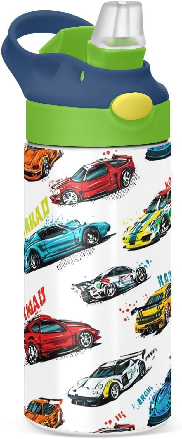 Boccsty Bright Race Car Truck Kids Water Bottle with Straw Lid Sport Cars Insulated Stainless Steel Reusable Tumbler for Boys Girls Toddlers 12 oz Green