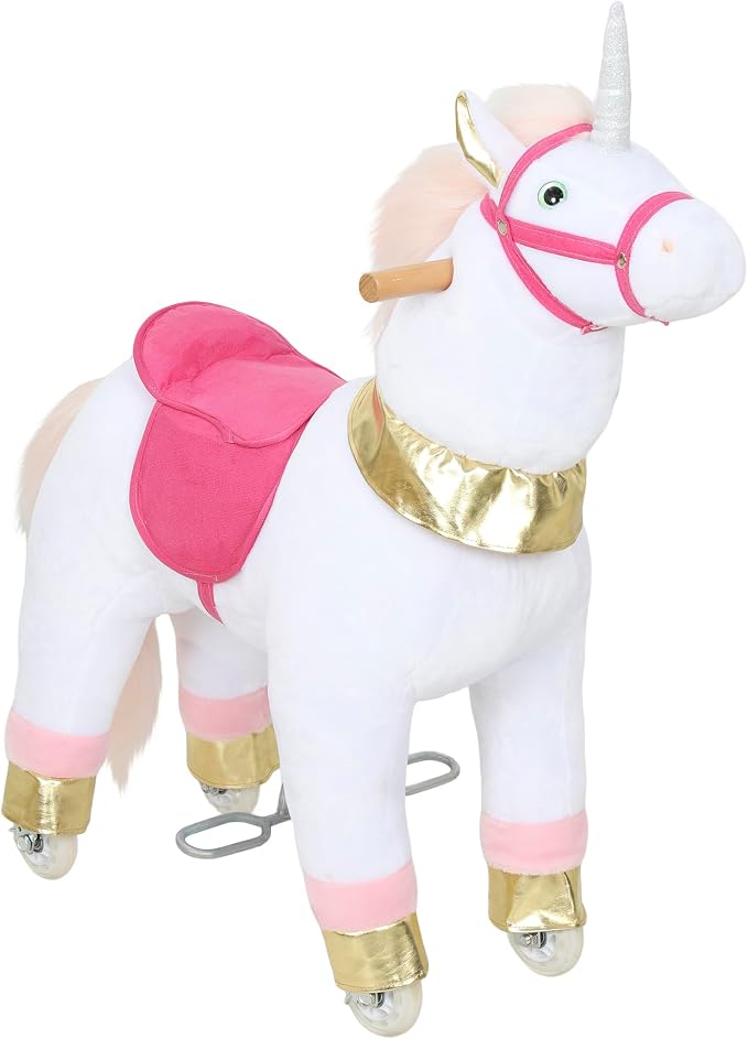 Qaba Ride on Horse for Kids 3-5 Years, 29.5 Inch Height Plush Riding Unicorn, Walking Horse Animal with Rolling Wheels for Active Play, No Batteries Required, White