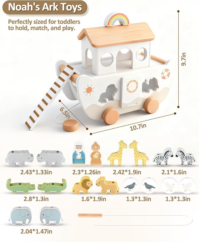 Wooden Noah’s Ark Toy for Toddlers 1-3, Baptism Christening Gifts for Boys Girls, Christian Toy Animal Shape Sorter, Baby Birthday