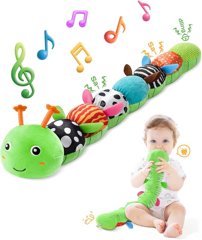 AWOTOY Baby Toys 6-12 Months Music Caterpillar,Stuffed Animals Infant Toys 0-3-6 Months,Baby Sensory Toys Tummy Time with Crinkle Rattle Teething Toys Boys Girls Gifts Birthday Shower Gifts