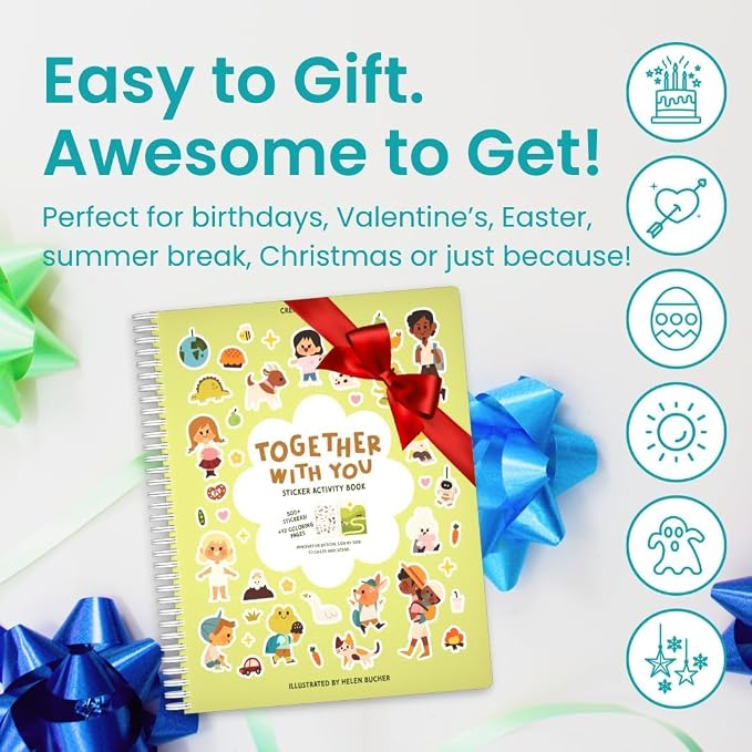 Together with You 500+ Sticker Book by Cupkin Fun Toddler Travel Activity Coloring and Sticker Book, Road Trip Essentials, 12 Coloring Pages 12 Side by Side Scenes for Ages 2–8 Years