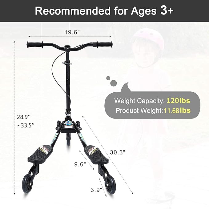 Swing Scooter for Kids, 3 Wheels Foldable Wiggle Kick Scooter Push Drifting with 4 Adjustable Handlebar & 2 Rear LED Wheel for Boys and Girls Ages 3-8