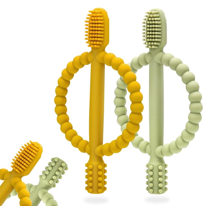 Baby Teething Toys with Easy-Hold Handle, Silicone Infant Toothbrush, Textured On Both Sides Helps Massage, Soothe Sore Gums, Teething Toys for Babies 0-6 Months, 6-12 Months