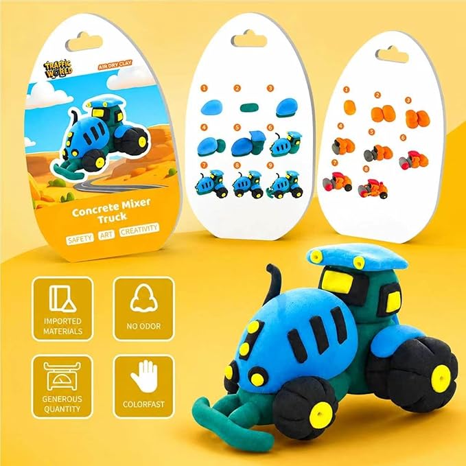 Air Dry Clay Kit for Kids – 12 Pack Construction Vehicles Modeling Clay Set | DIY Art Crafts with Sculpting Tools & Tutorials, Ultra Light Soft Magic Clay Car, Birthday Party Favors for Boys Girls