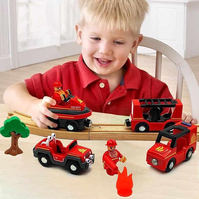 Wooden Train Cars Track Accessories Set Rescue Fire Truck with Light and Sound Small Vehicles Magnetic Train Cars Fit for Wooden Train Track Railway for Boys and Girls (Fireboat)
