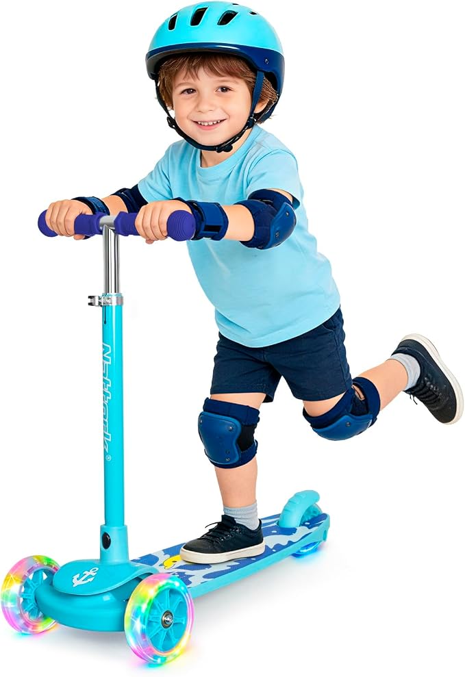 Nattork 3-Wheel Toddler Kick Scooter for Kids Girls Boys – Adjustable Height Scooter with Light-Up Wheels, Anti-Slip Deck, Lean-to-Steer Design for Ages 2-8
