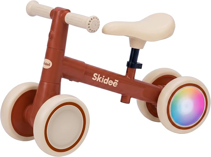 SKIDEE Toddler Balance Bike 1-3, 4-Wheel Balance Bike with Rare Light-Motion-Activated LED Wheels, Adjustable Height & Child Safe Steering, Lightweight Ride-On Toy Training Bike for Boys & Girls