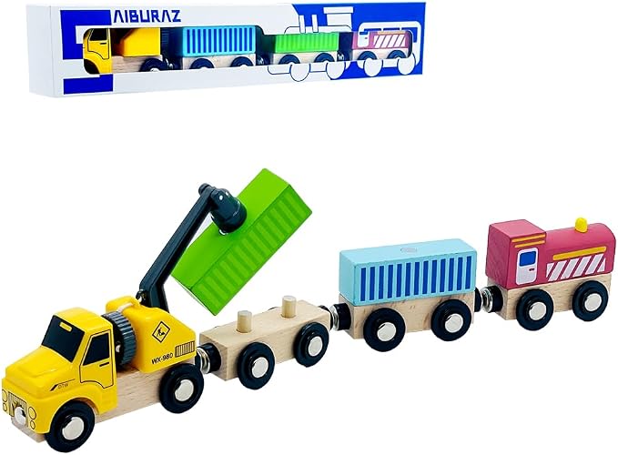 Wooden Trains Cars with Crane Magnetic Train Toys for Wooden Train Tracks Train Sets for Toddlers and Kids Ages 3+ (Crane Train)