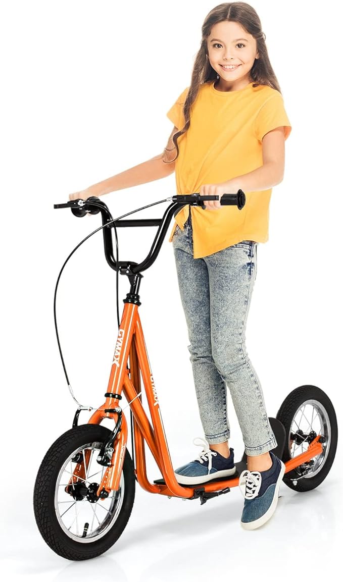 GYMAX Scooter, Kids & Adults Off-Road Scooter with 12" Inflatable Wheels, Adjustable Height Handlebar, V-Type Handbrakes & Axle Pegs for All Terrain, 8+