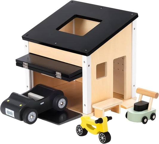 OOOK Wooden Dollhouse Garage Set Includes Workbench, Lawn Mower, Bicycle and Car, Dollhouse Furniture & Accessories for Kids